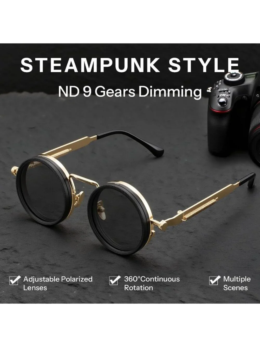 Adjustable Polarized Tint Sunglasses for Men, Steampunk Round Metal Frame, UV400